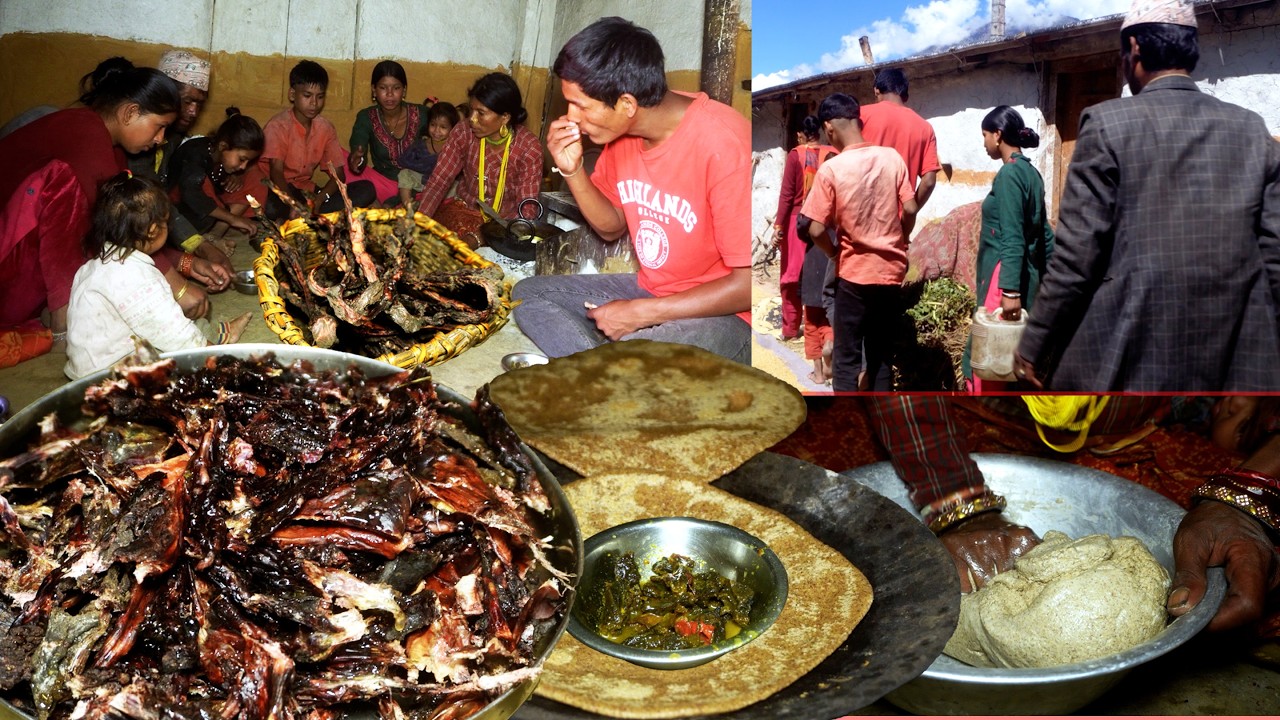 buff meal  by dharme brother family || buff curry and bread recipe in the village || rural Nepal ||