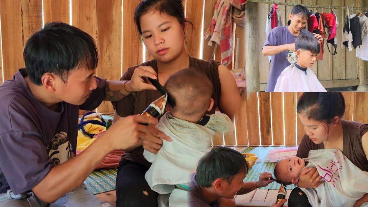 Single father,repairing equipment, cutting hair to make money, cutting hair for his 6-month-old son