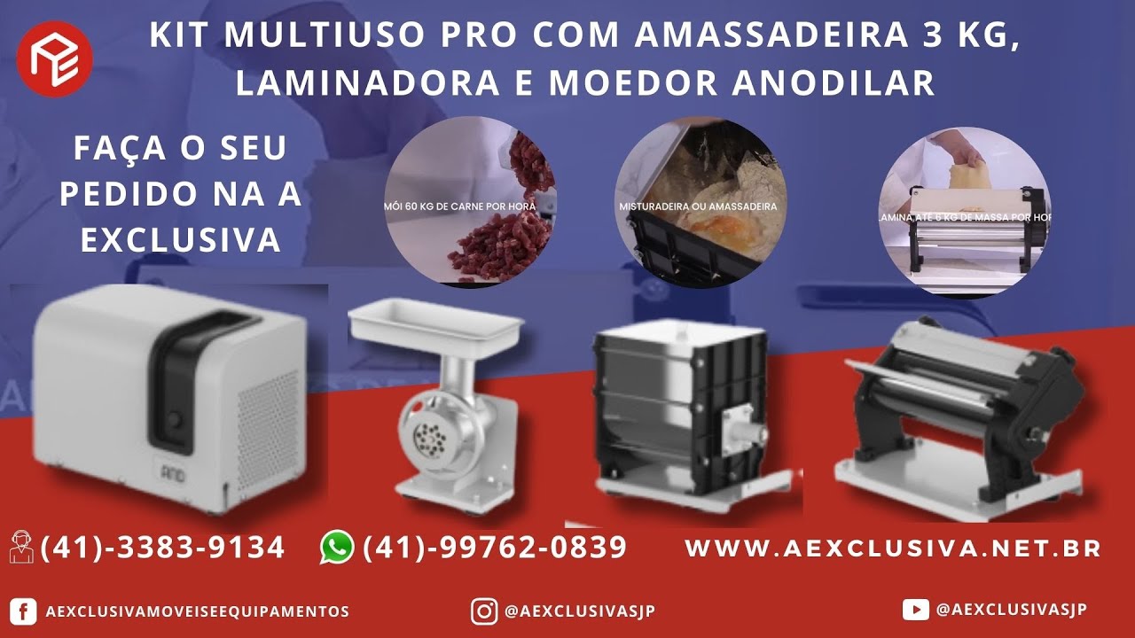 Kit multiuso Pro com amassadeira 3 Kg, laminadora e moedor Anodilar, você encontra na A Exclusiva