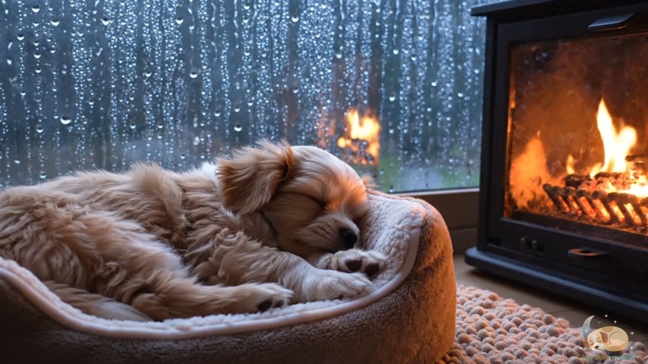 Calm Dog LIVE 🐶 | Fireplace Glow & Rain on Glass