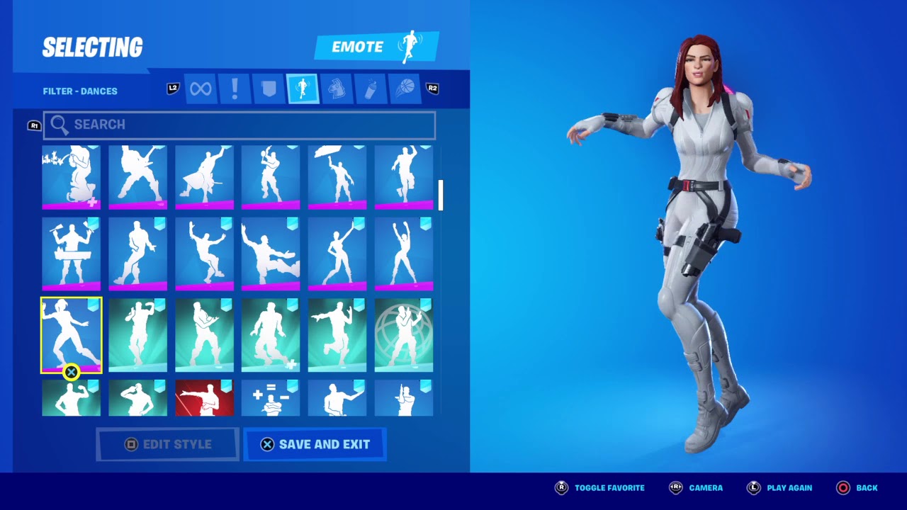 Black Widow Skin 2.0 showcase with almost all emotes from fortnite!!