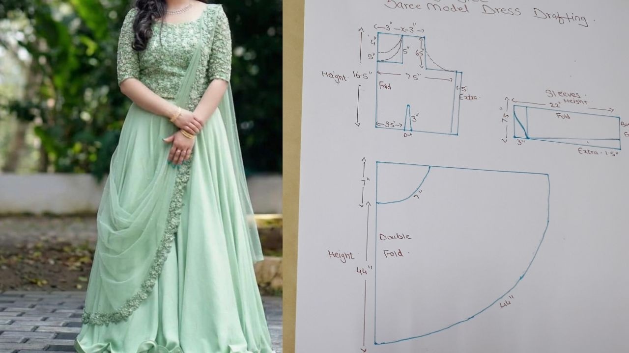 PARTYWEAR LONG UMBRELLA DRESS DRAFTING FOR 17 TO 18 YEARS GIRL SAREEMODEL LONG DRESS DRAFTING TAMIL