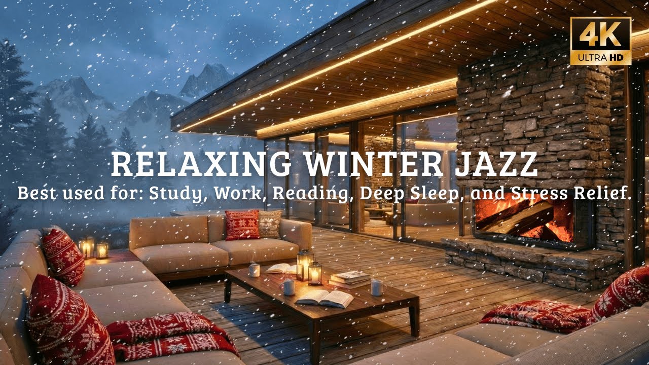 🔴 Relaxing Snowfall Cabin ❄️ Cozy Fireplace & Smooth Jazz for Study and Work
