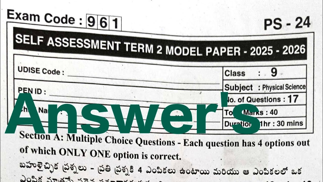 9th class Physical Science🔑 SA-2 Real Key Answer's 2025-26 || SELF ASSESSMENT TERM 2 MODEL PAPER