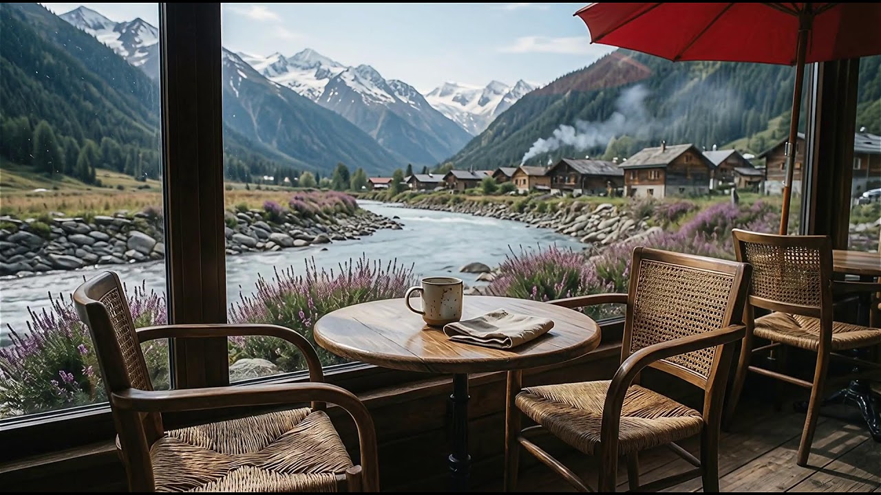 4K Alpine Cafe Window View: Deep Focus Study Stream | Cozy Relaxation Music & Snowfall Ambience