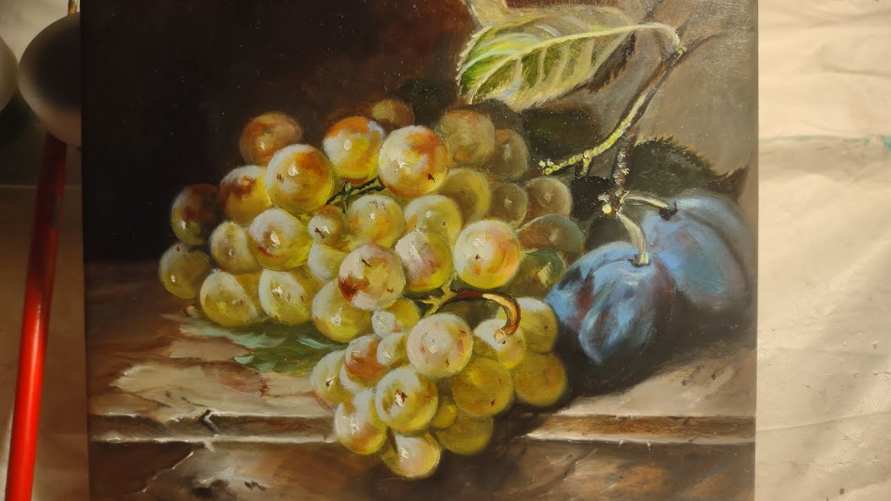 grape and plum oil painting on tile 4