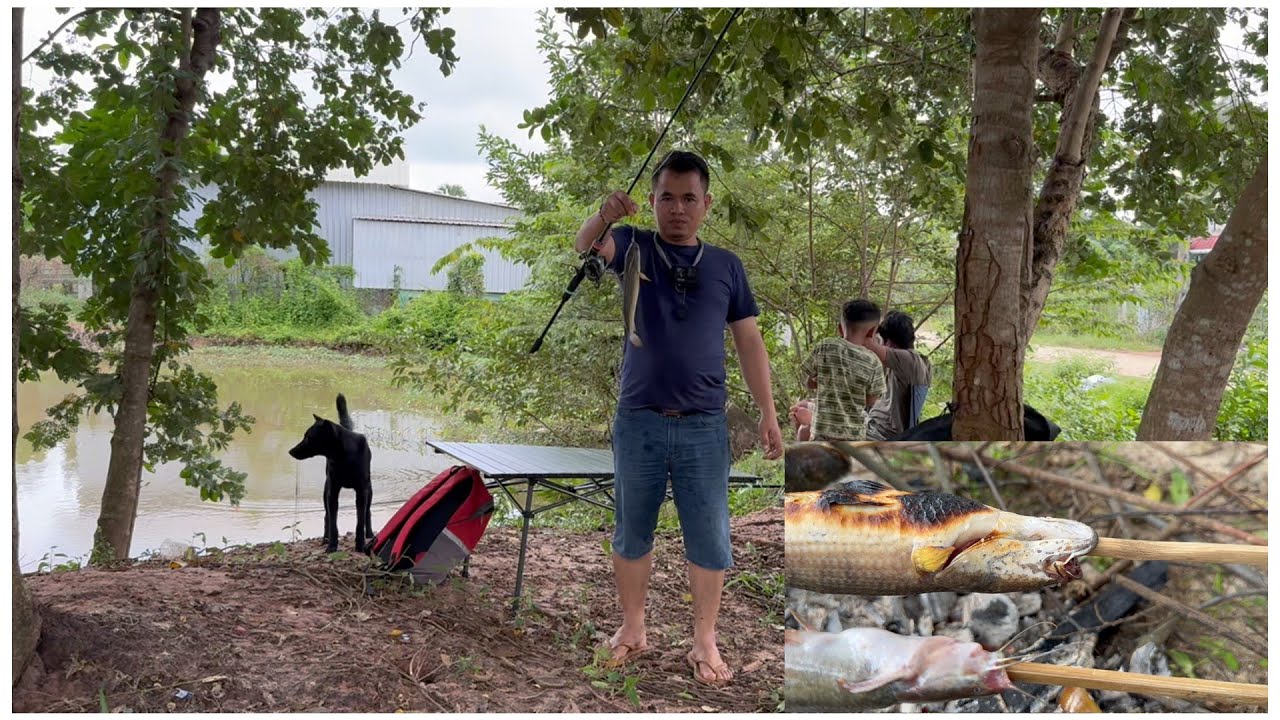 ស្ទូចត្រីដុតអាំងមុខផ្ទះជាមួយប្អូនៗ​​ - Fishing Catch and Cook Snake Head Catfish and Snail