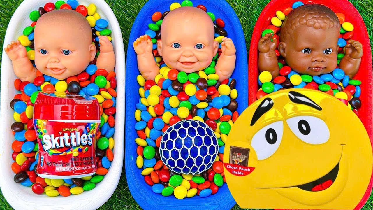 1 Hour Satisfying with Full of 3 Rainbow BathTubs Candy with M&M's & Magic Slime Cutting Video