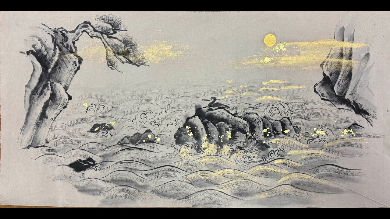 Sumi-e: Large waves drawn in Japanese ink painting / 小林東雲 水墨画で波濤を描く