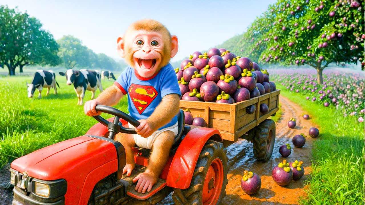 Mangosteen Harvest with Baby Monkey and Dairy Cow! - Monkey Farm Work | KoKo Monkey Farm