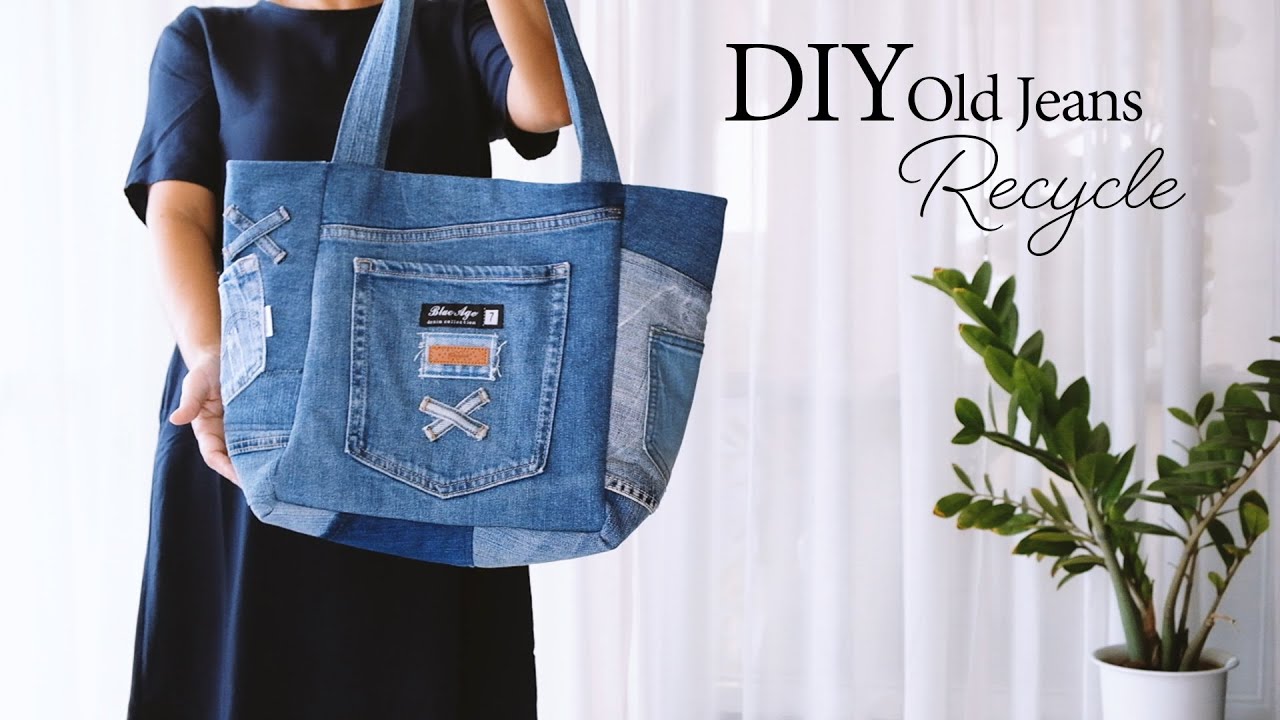 How to make a large denim bag decorated with pockets and labels. (278)