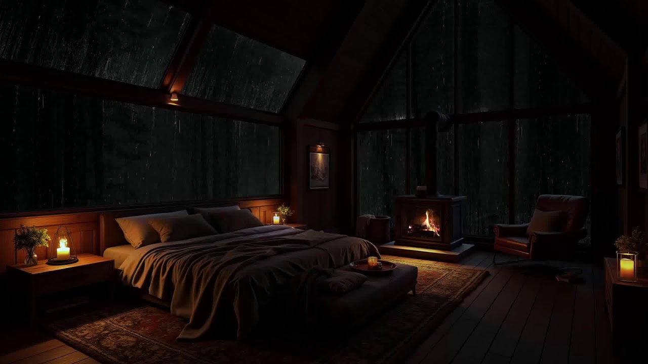 Wrapped in silence as rain falls gently around a hidden forest cabin at night