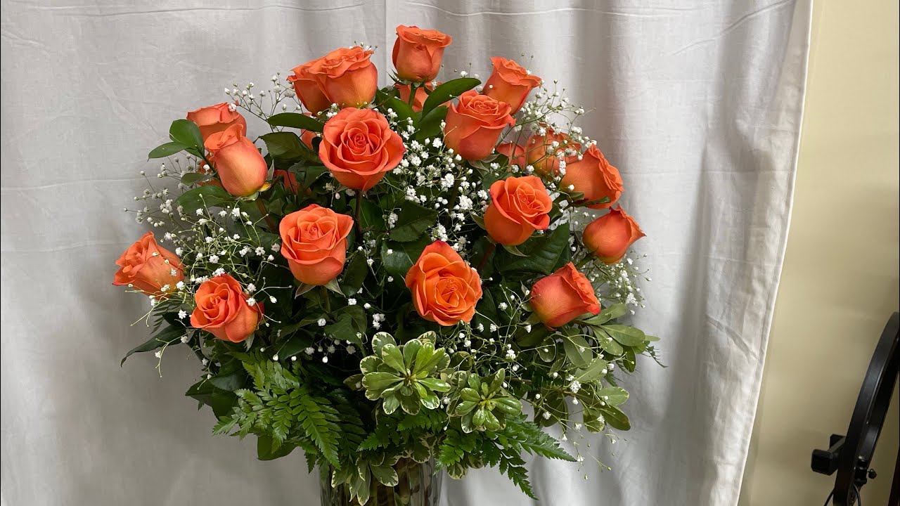 How to make a 24 orange rose vase arrangement