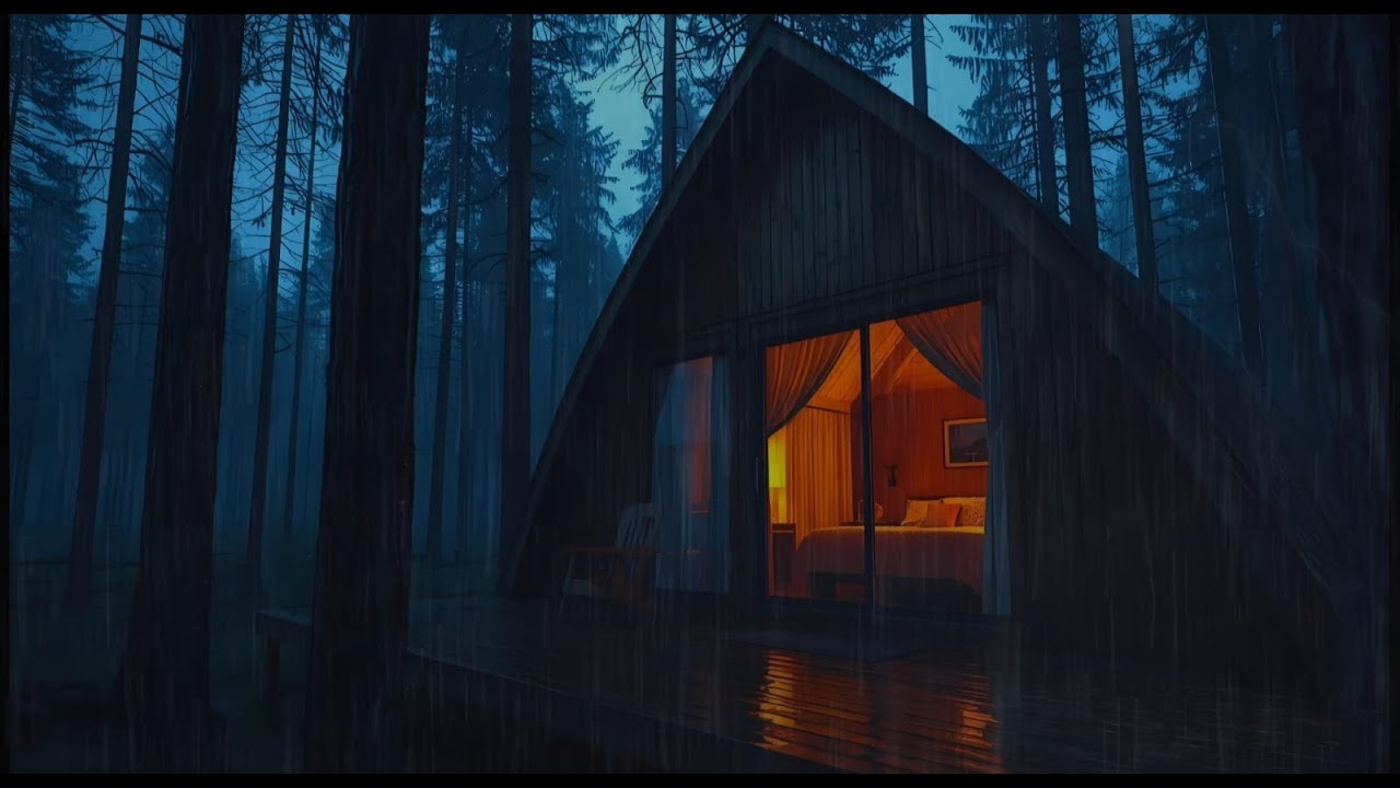 Cozy Forest Cabin in Heavy Rain  Warm Night Ambience for Deep Sleep