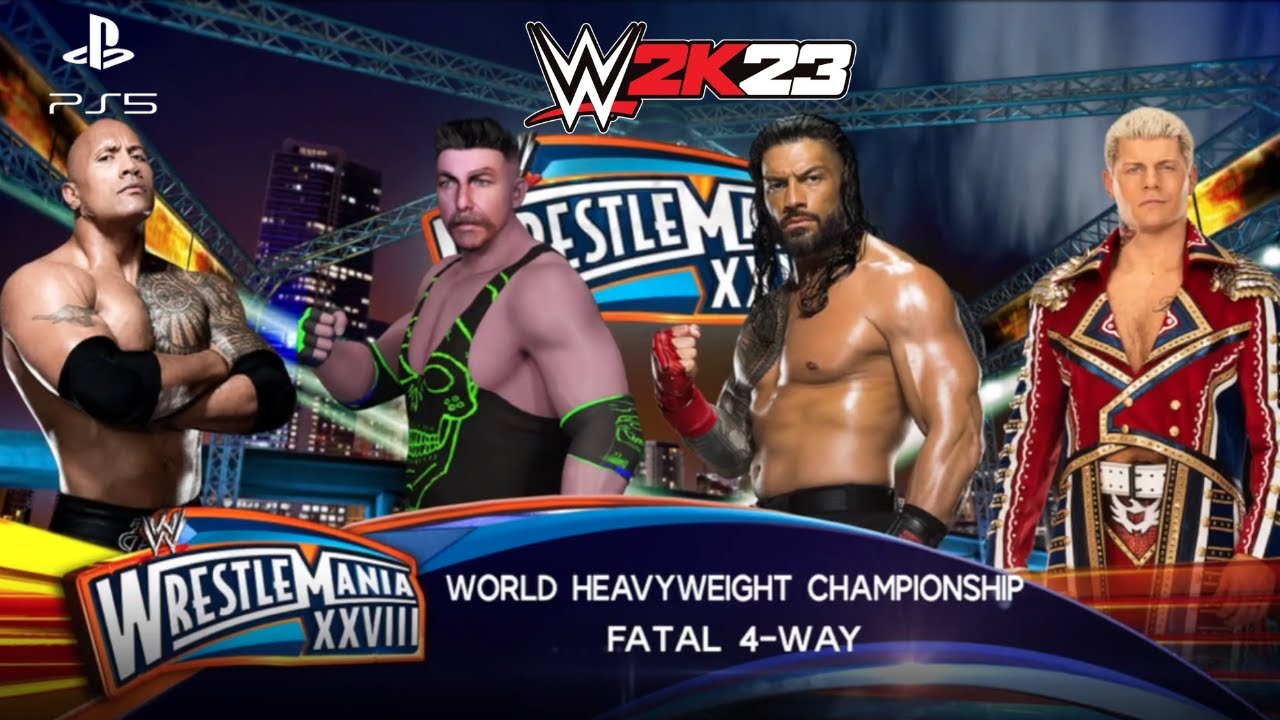 The Rock Vs Mickelback Vs Roman Reigns Vs Cody Rhodes Fatal 4 Way Double Title Match - WWE 2K23