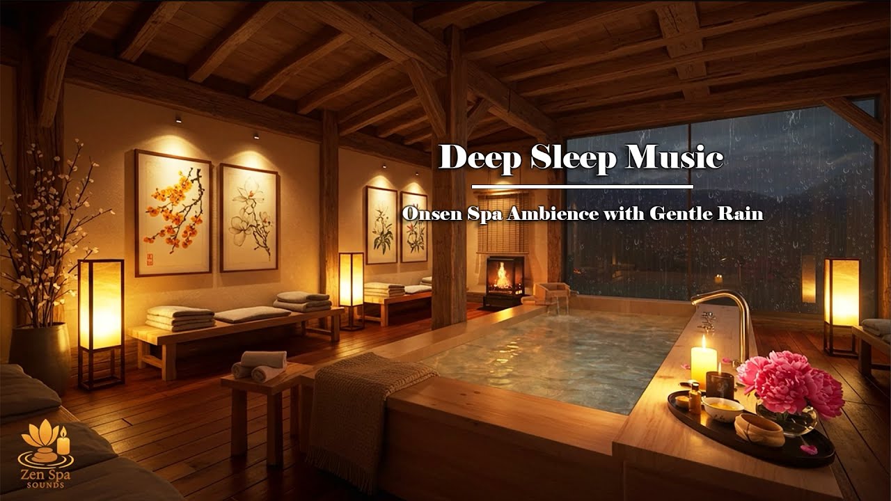 Deep Sleep Music | Onsen Spa Ambience with Gentle Rain and Soft Piano for Deep Sleep, Stress Relief