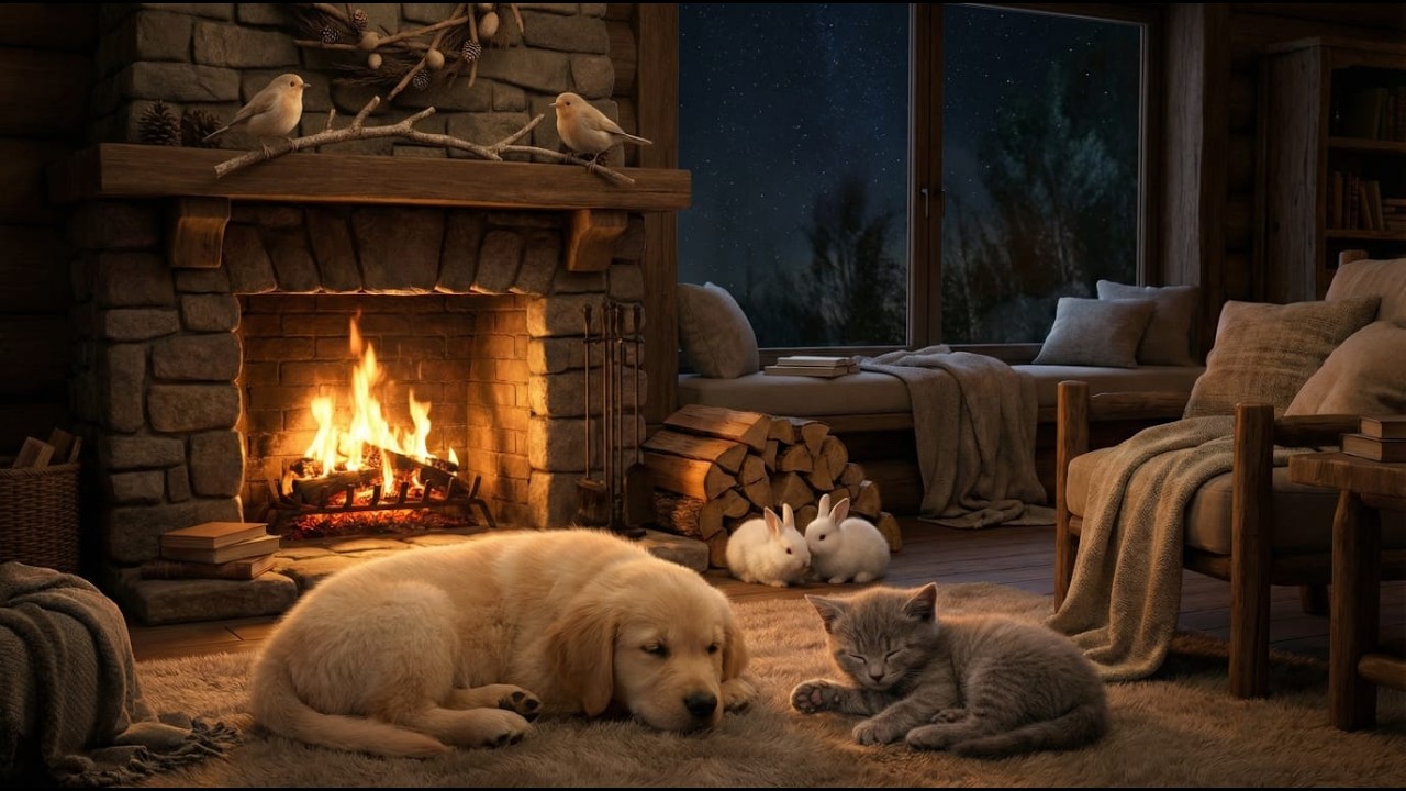 3 Hours of Cozy Sleeping Pets by the Fireplace 🐶🐱🐰🔥 Relaxing Piano & Calm Night