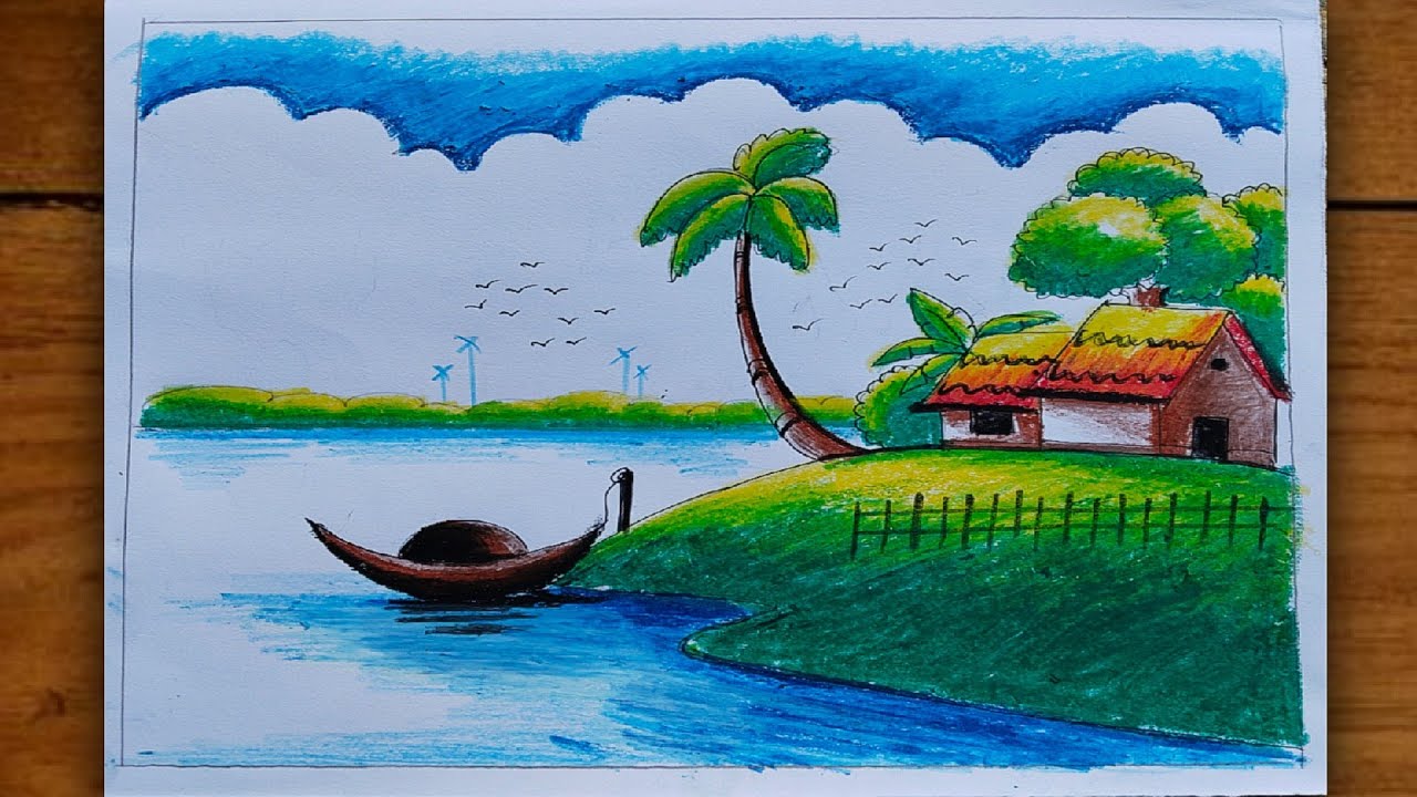 Easy village scenery drawing/How to draw scenery of village 