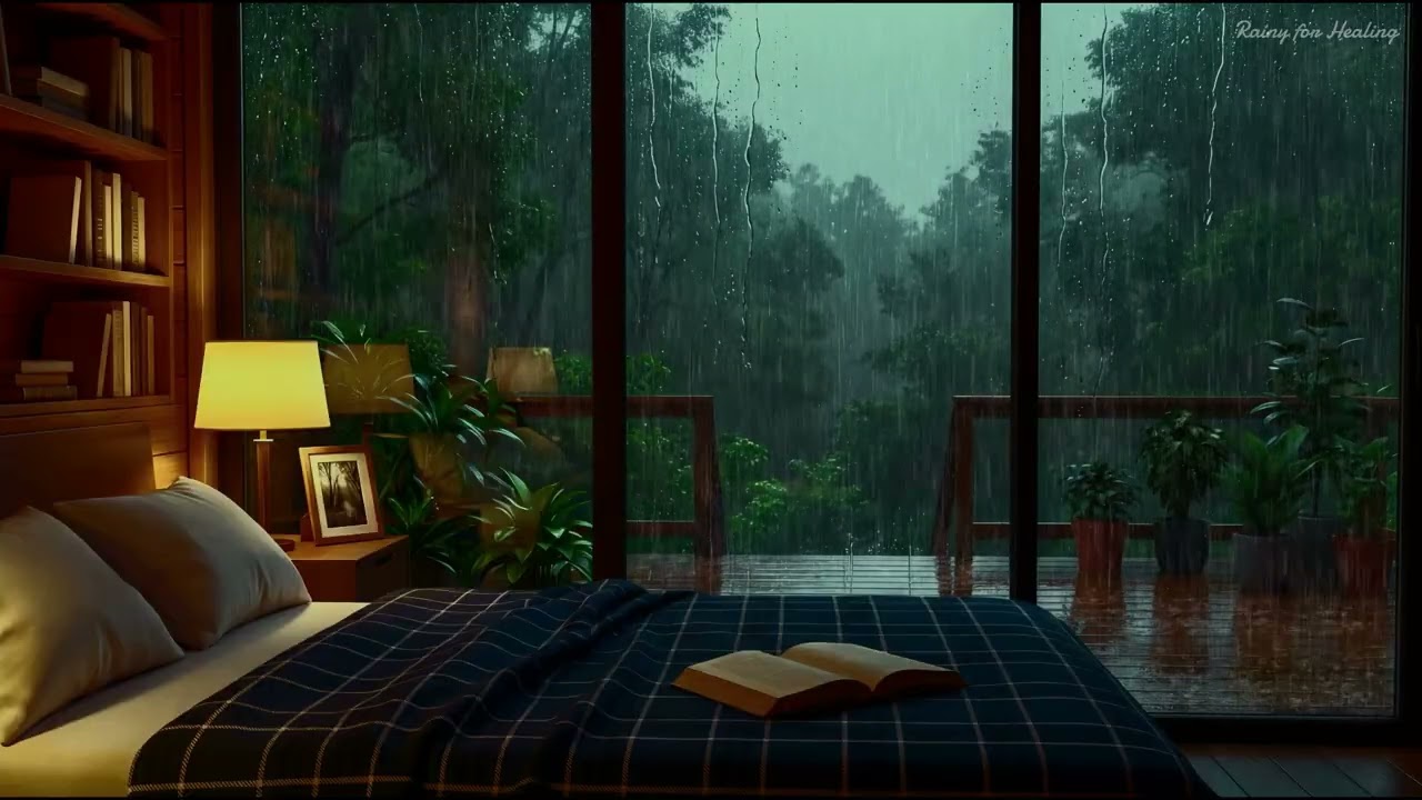 Cozy Rainy Bedroom at Night | Ambient Sound for Sleep, Rain Sound Deep Sleep, Healing Sleeping Sound