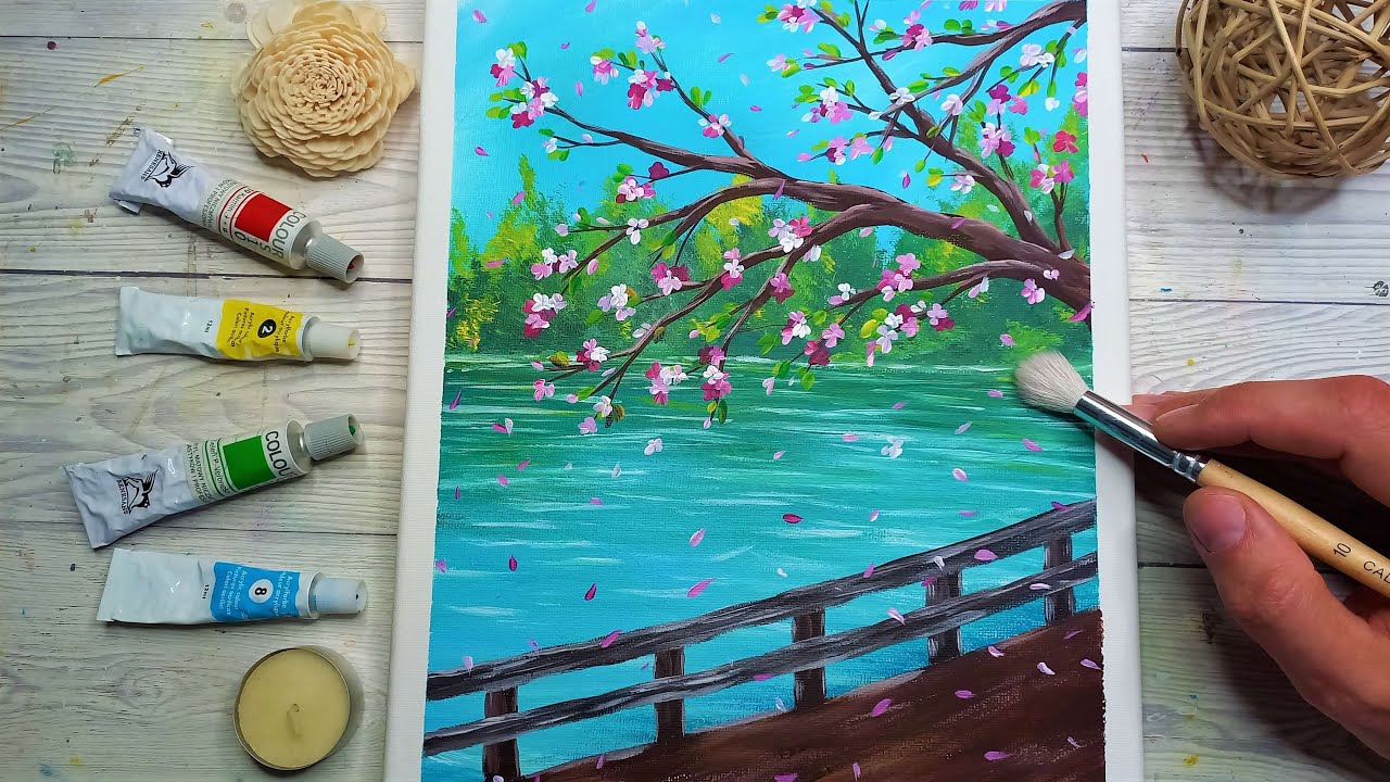 Cum se Picteaza FLORI de CIRES 🌸 Pictez Peisaj de Primavara - Pictura Acrilica 🌸 O Pictura pe Zi