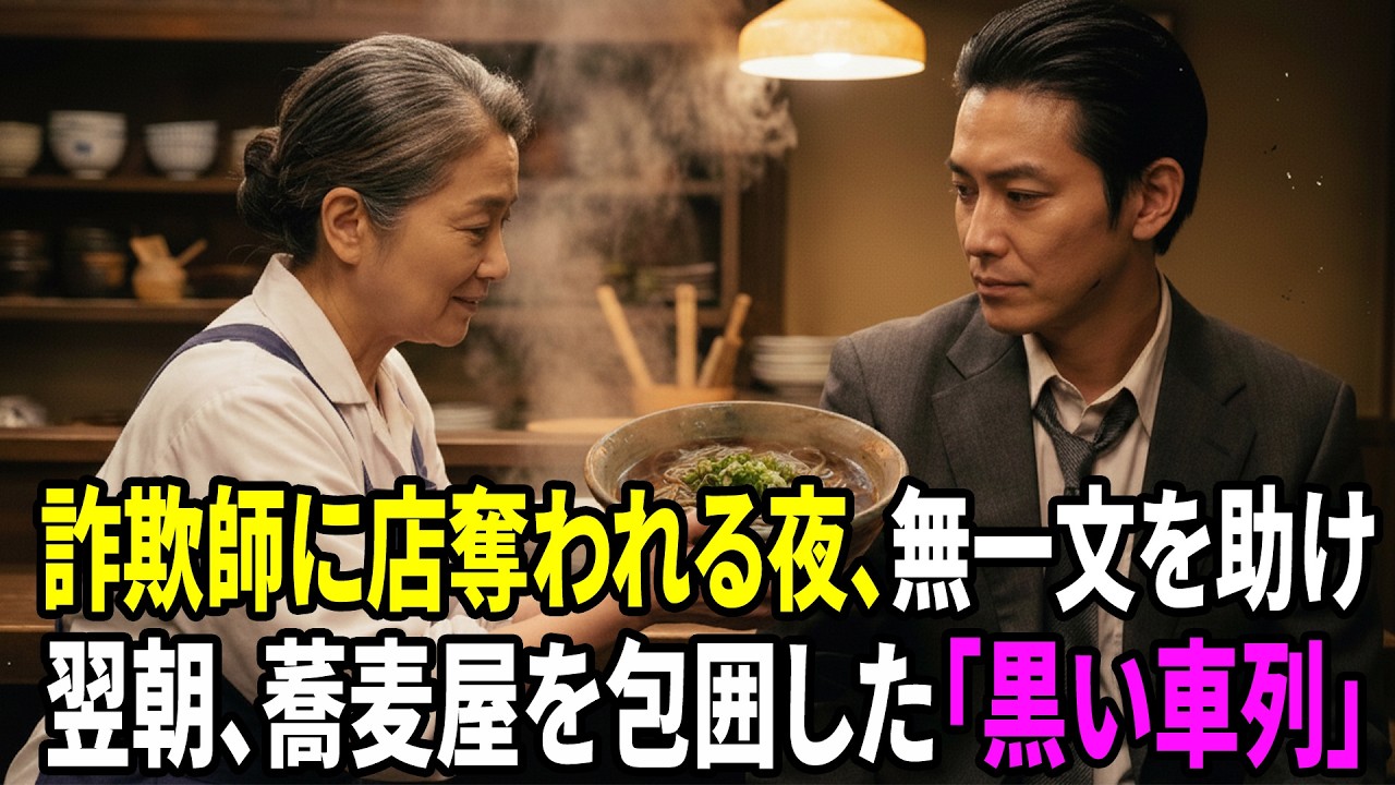 【感動する話】悪徳詐欺師に店を奪われる前夜、蕎麦屋女将が助けた無一文の男…翌朝“黒い車列”が来た