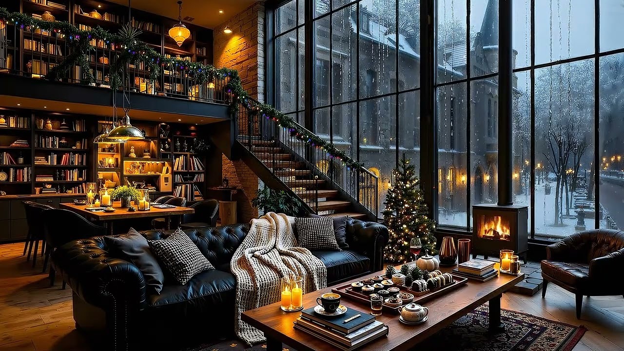 Calm Winter Jazz ~ Rainy Coffee Shop Ambience ☕ Warm Piano Jazz & Fireplace Sounds for Relax, Work