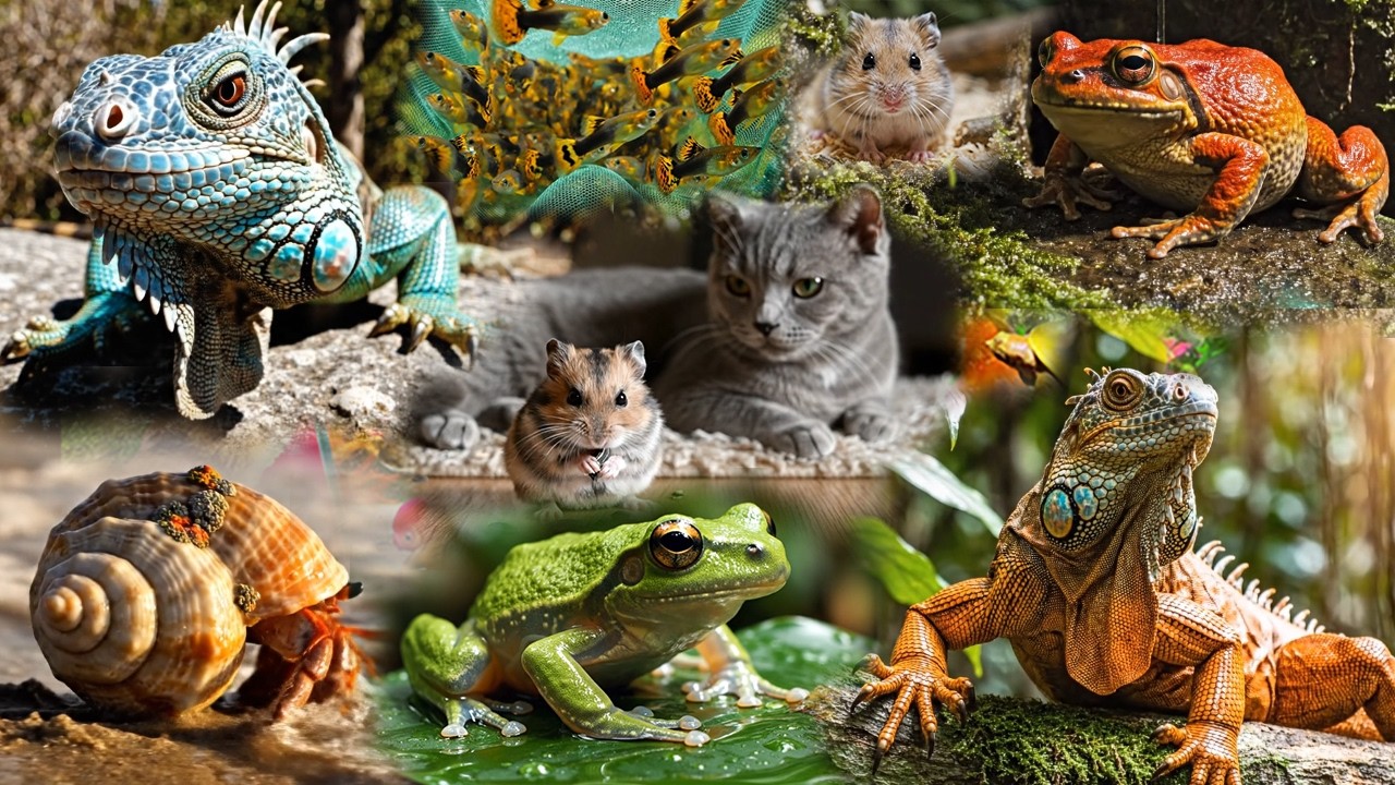 Catch the green frog, the cute little fish, the hermit crab, and the kitten.