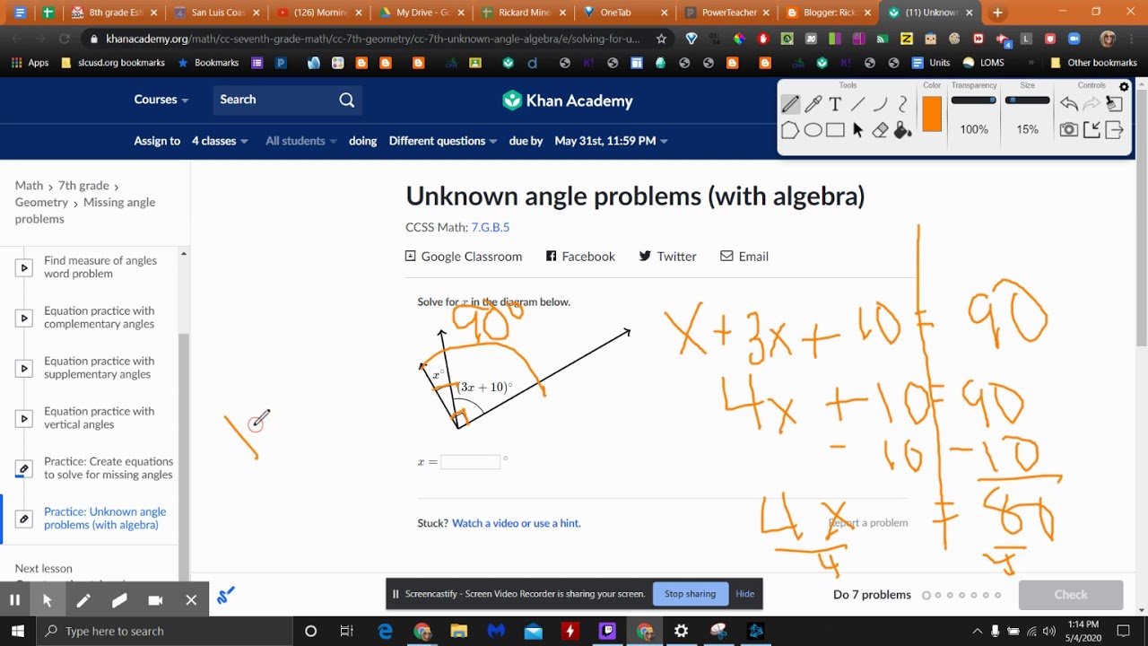 Unknown Angle Problems With Algebra