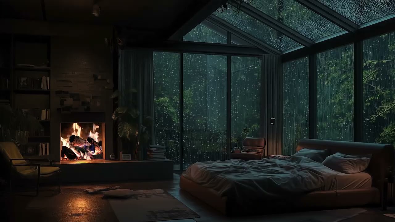 Soft Piano Music with Rain 🌙🌧️ Crackling Fireplace for Peaceful Sleep