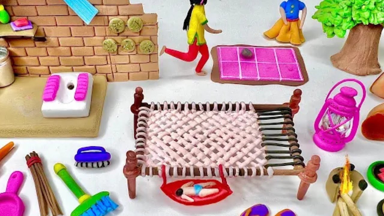 DIY How To Make Polymer Clay Miniature Villagehouse ,Washroom Set,Kitchen set ,tree,Charpai Lantern 