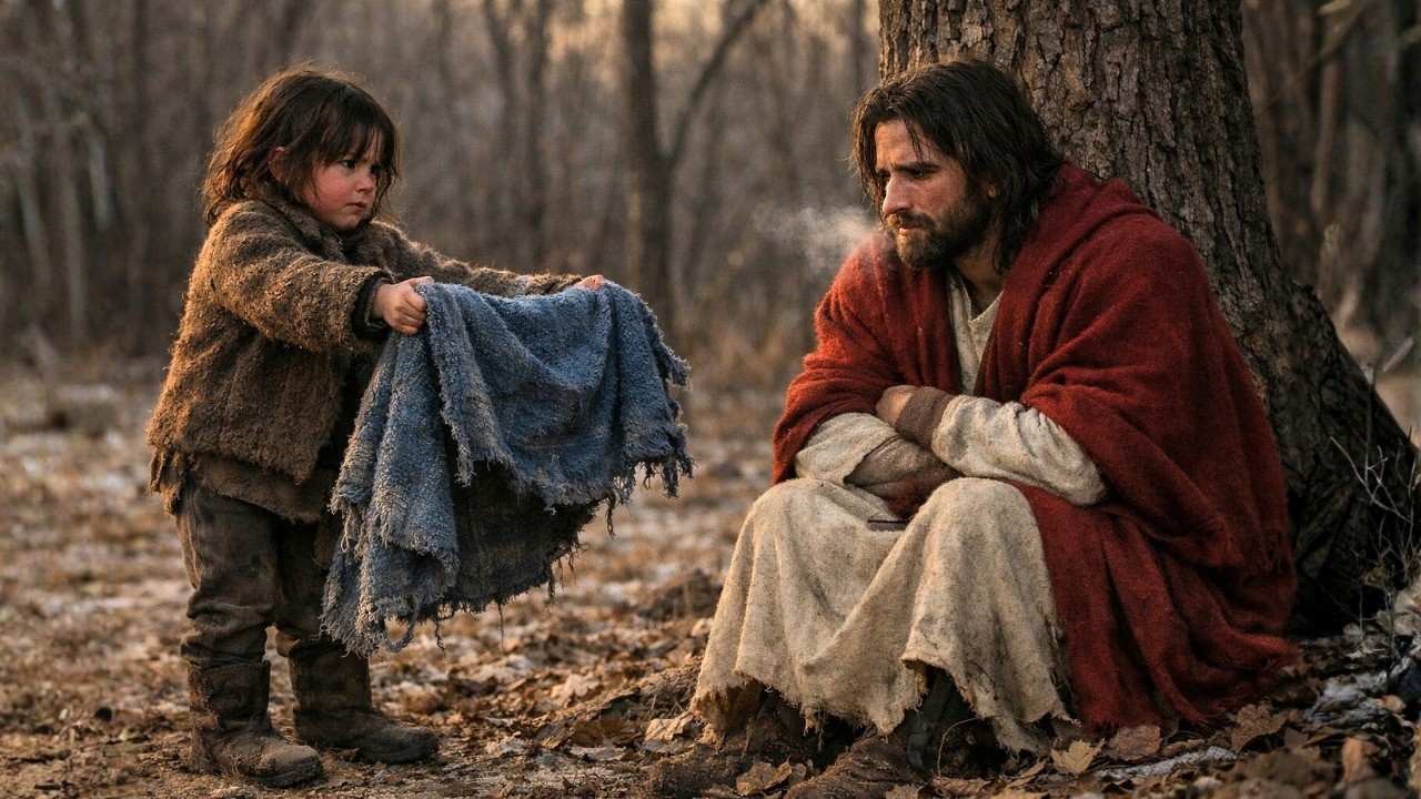 LA NIÑA HUÉRFANA LE DIO SU ÚNICA COBIJA A UN DESCONOCIDO EN EL BOSQUE… ERA JESÚS
