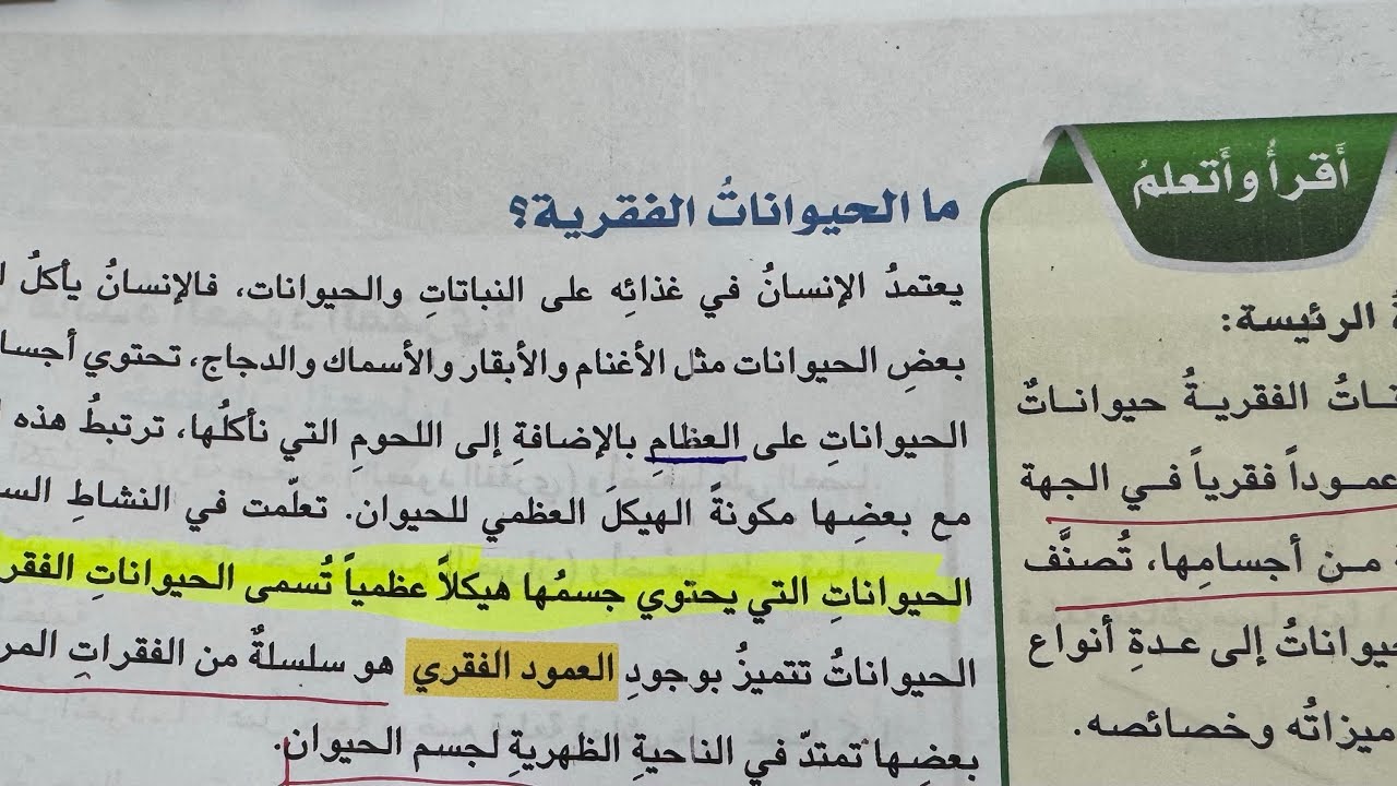 علوم الخامس الابتدائي الحيوانات الفقرية ص ٣٦ شرح وملخص 