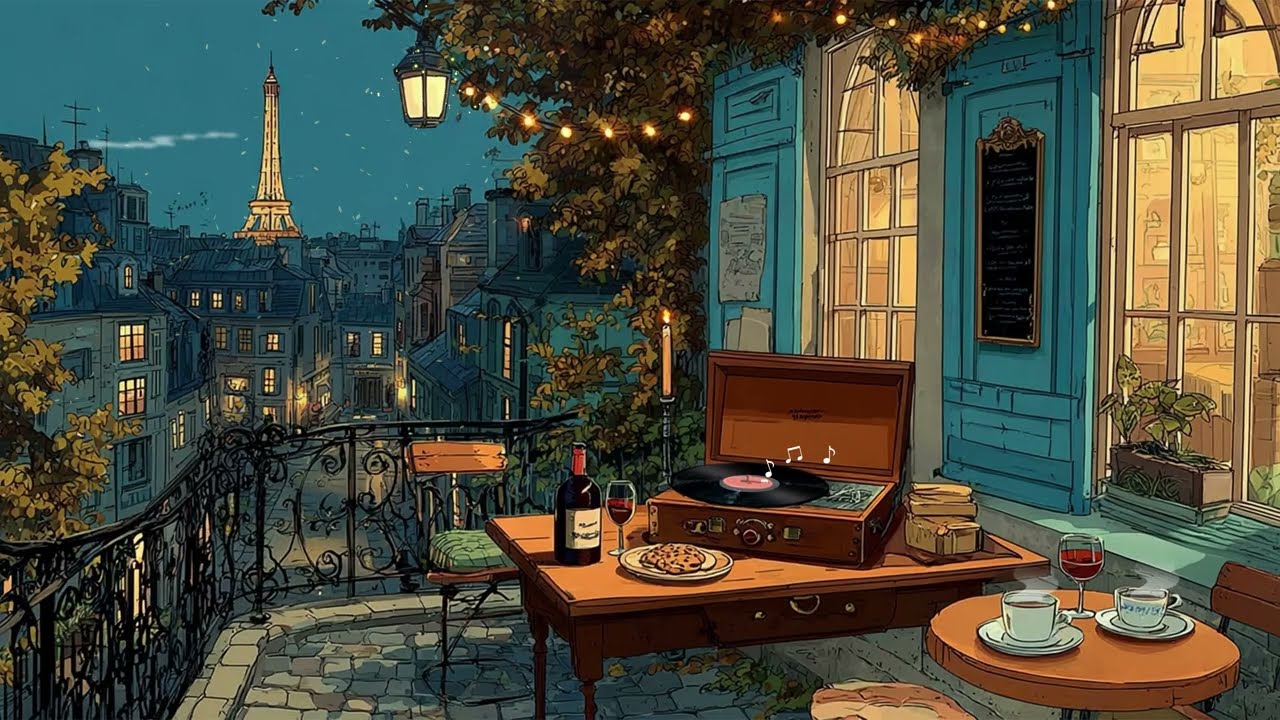1940s Paris Night on a Cozy Balcony | Oldies Playing in Another Room | Vintage Jazz Ambience