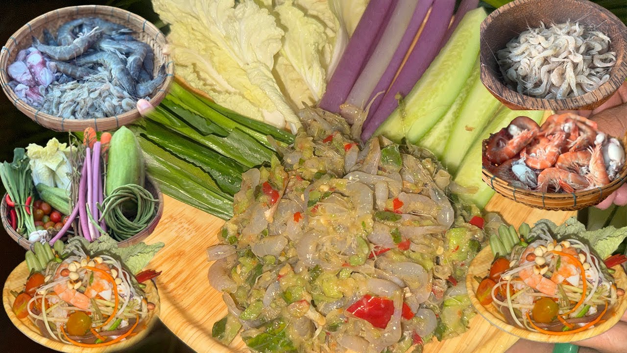បុកកំពឹសអំពិលខ្ចី និងបុកល្ហុងគ្រឿងសមុទ្រឆ្ញាញ់ណាស់! Seafood Papaya Salad, Young Tamarind Baby Shrimp