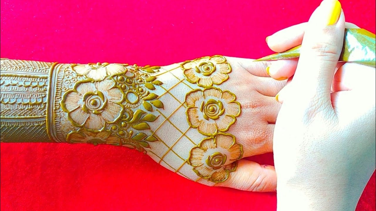 Bridal back hand henna design ll rose pattern dubai style henna design ll unique rose henna design