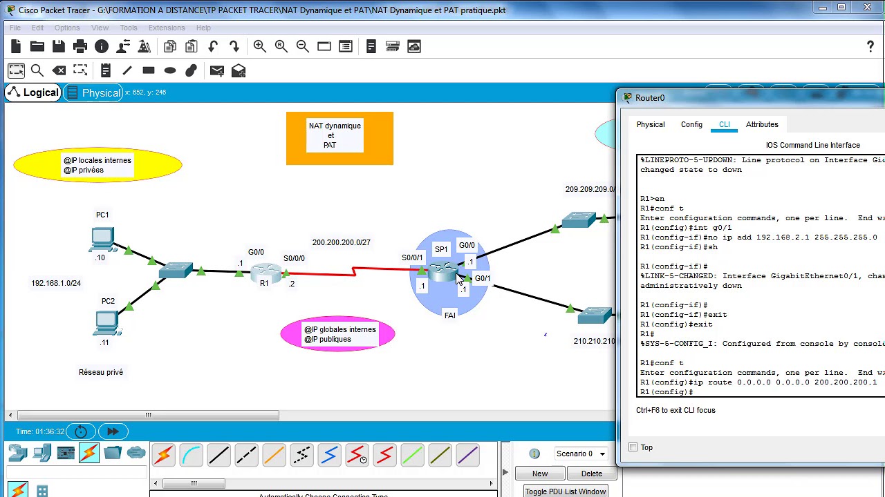 NAT dynamique et PAT - Configuration du mappage dynamique et PAT y compris routage statique et ACL