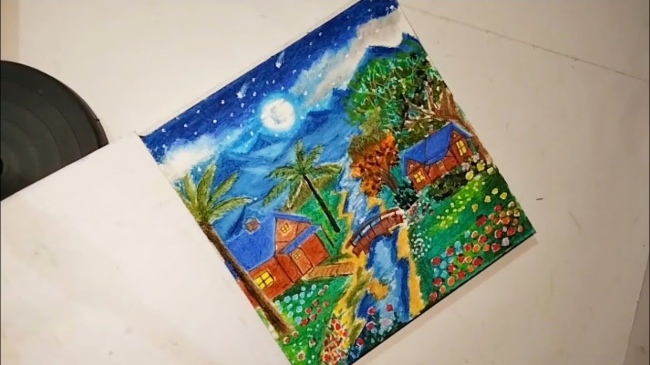 How to Draw a Beautiful Moonlight Scenery with Oil Pastels #art #drawing 