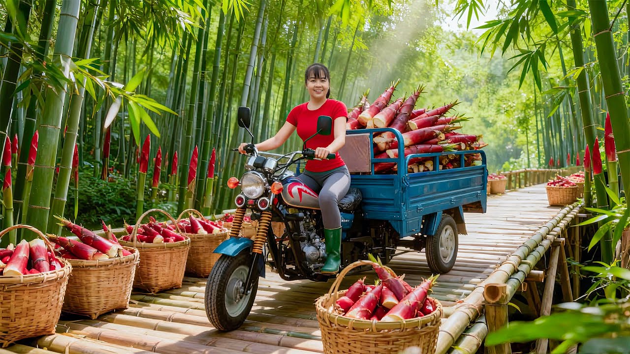 TIMELAPSE -- Harvest Wild Bamboo Shoot, Process into Delicious Dishes and Sell at the Market