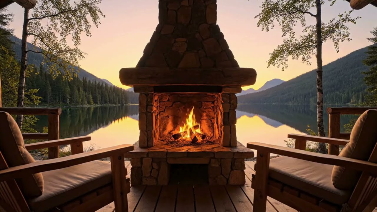 Lakeside Fireplace Ambience | Lake View & Crackling Fire
