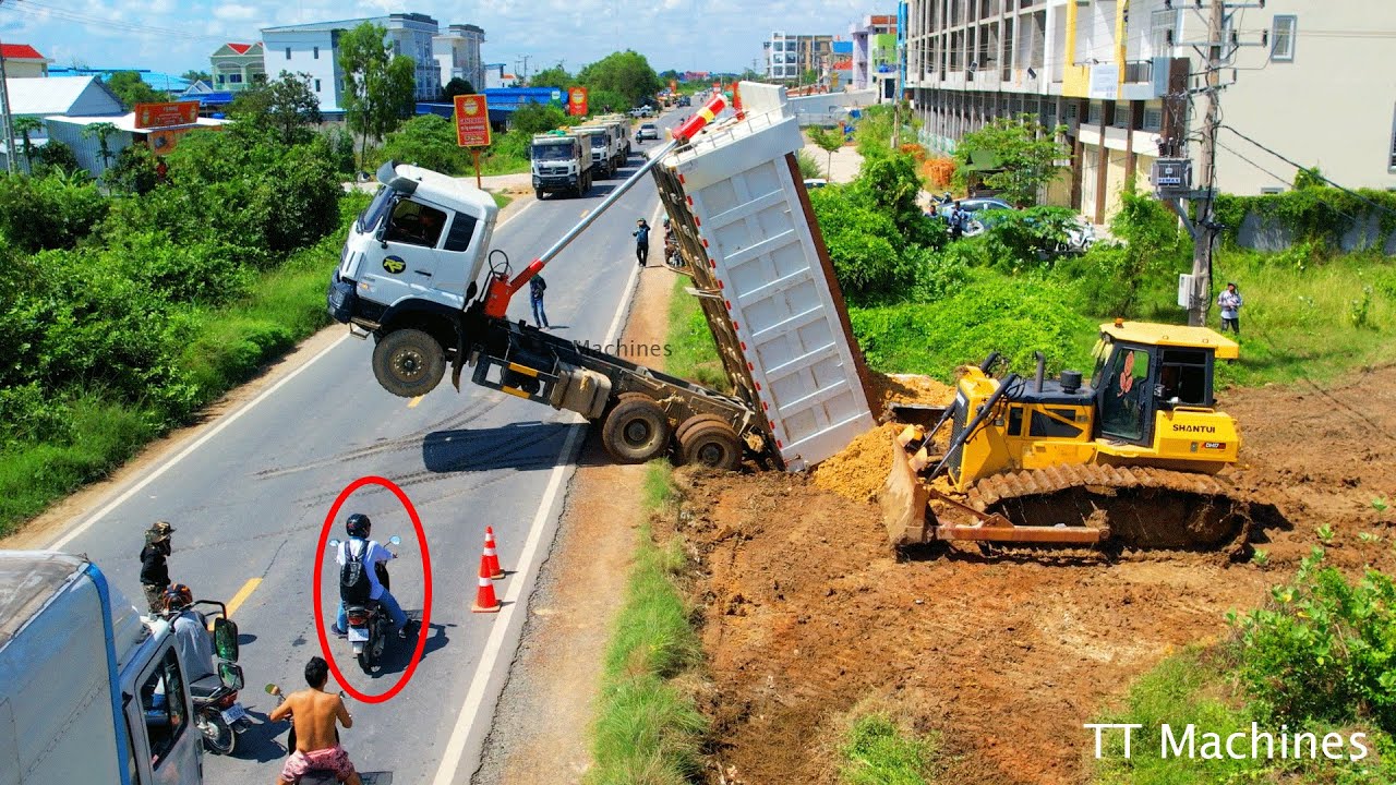 Perfectly First Dump Truck Unloading Fly Shatui Dozer Working Opening New Project Building New Road