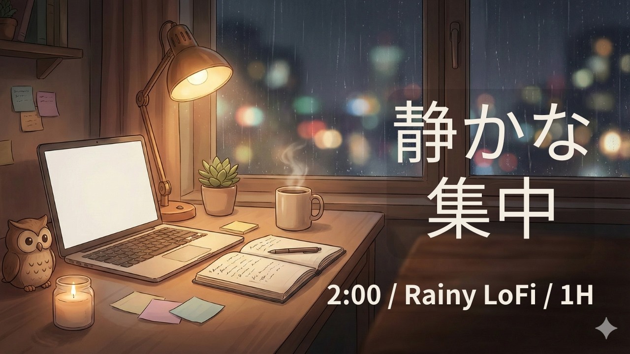 【2:00】静かな集中 1H｜雨音LoFi 作業用BGM・勉強用BGM（深夜の机）