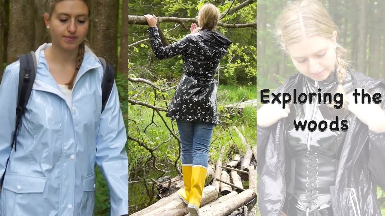 Blonde rainwear girl exploring the forest - vinyl raincoat, vinyl gloves, rubber boots, nylon jacket