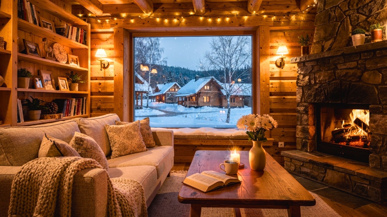 Cozy Snowy Village Café Night ☕ Fireplace Jazz Piano for Study, Relax & Sleep