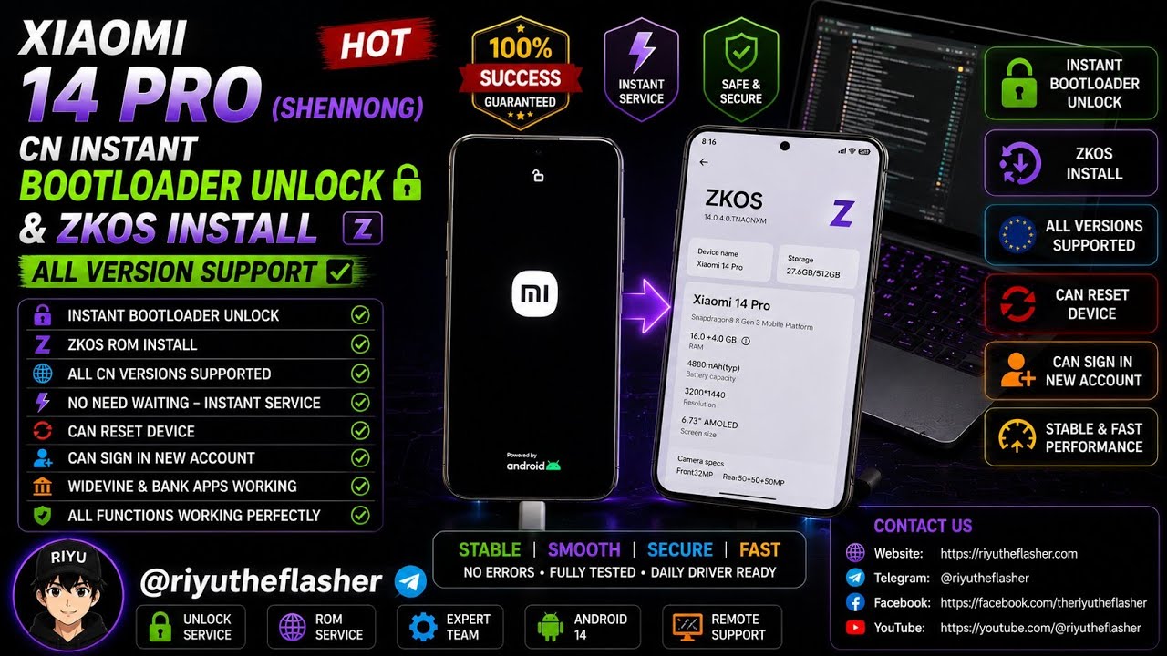 XIAOMI 14 PRO (SHENNONG) INSTANT BOOTLOADER UNLOCK AND ZKOS INSTALL✅🆗