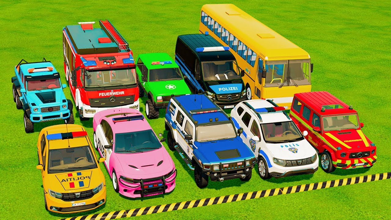 TRANSPORTING POLICE CARS, AMBULANCE & FIRE TRUCKS with TRAIN | FARMING SIMULATOR 22!