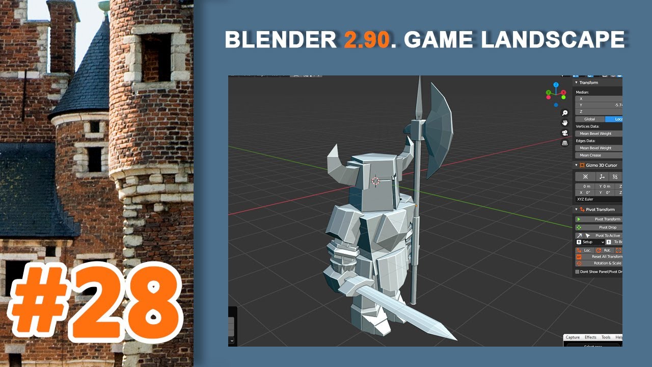 28.Blender Game Landscape.Castle War.  Оружие, мечь и алебарда