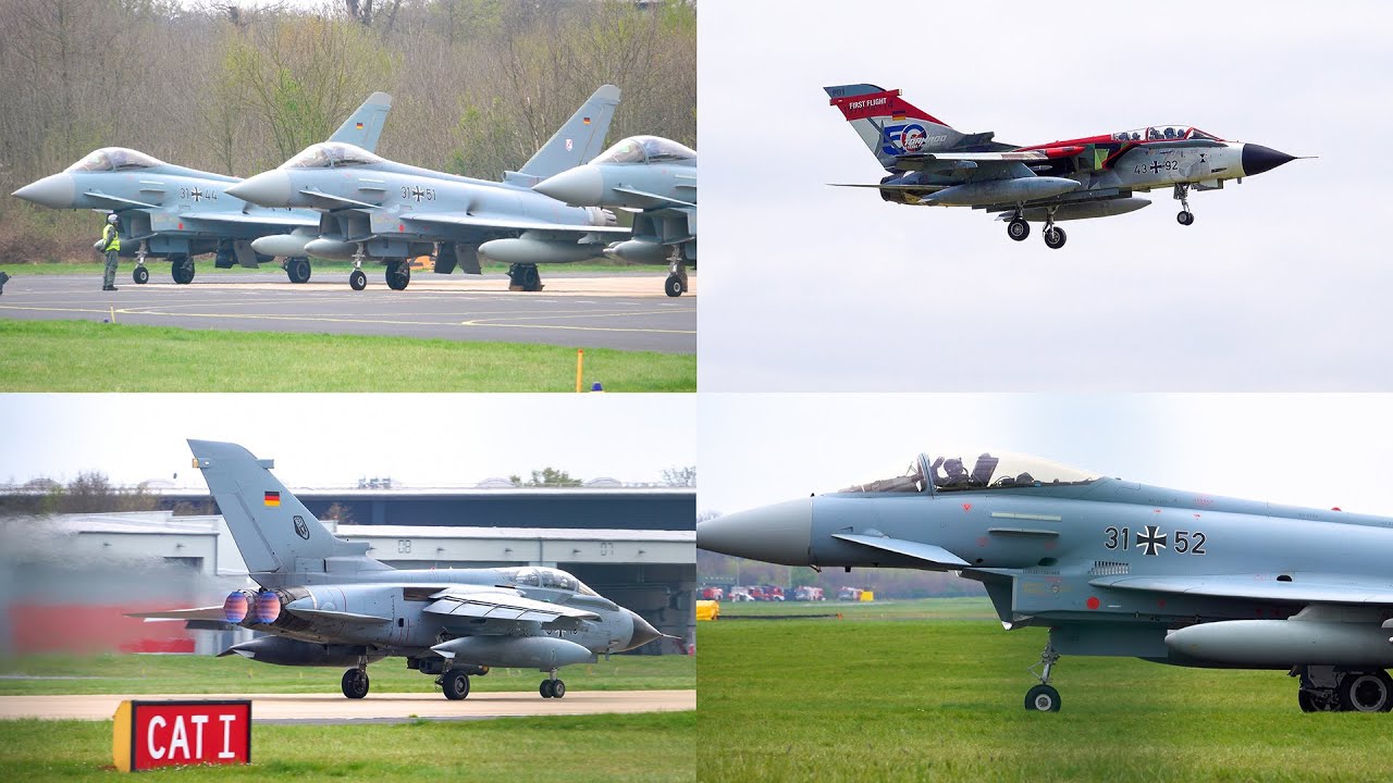 [4K] AMAZING FIGHTER JET POWER at N&ouml;rvenich Air Base | 6 Typhoons, 3 Tornados & 1 F16
