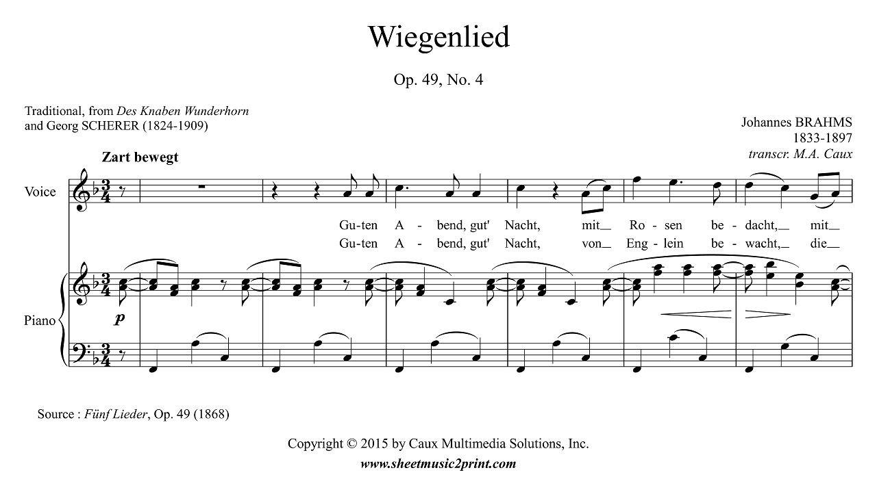 Brahms : Wiegenlied, Op. 49, No. 4 - Soprano or Tenor (F Major)