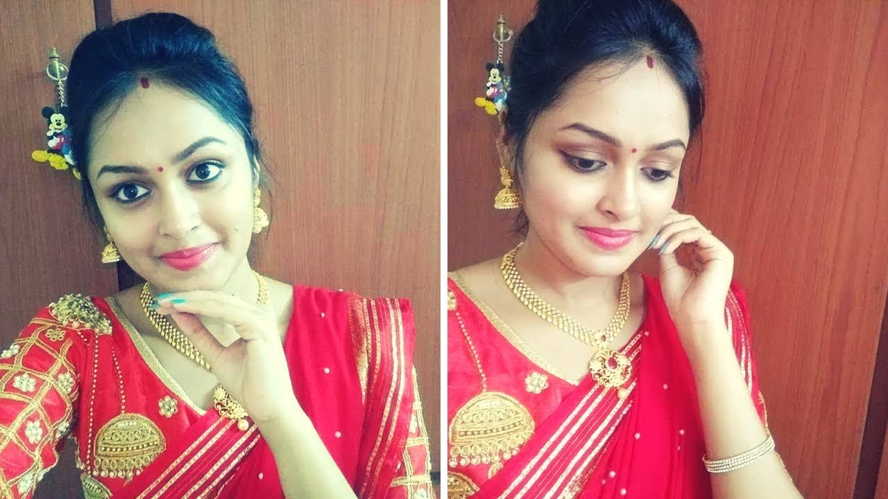VaraLakshmi Pooja Indian Festive Makeup Tutorial In Telugu | Red and Gold ||Heavenly Homemade