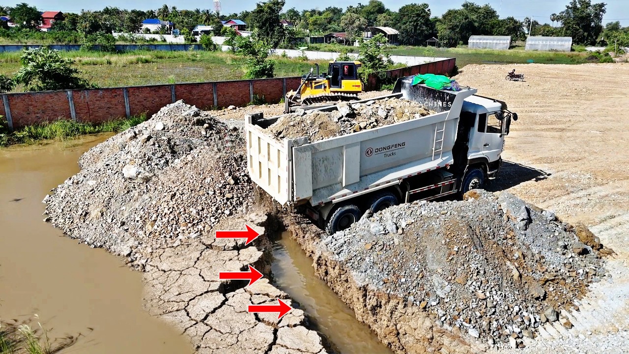 Nice Skill Operator!  Land Transforming Bulldozer Pushing Soil & Stone Vs Dump Truck Unloading